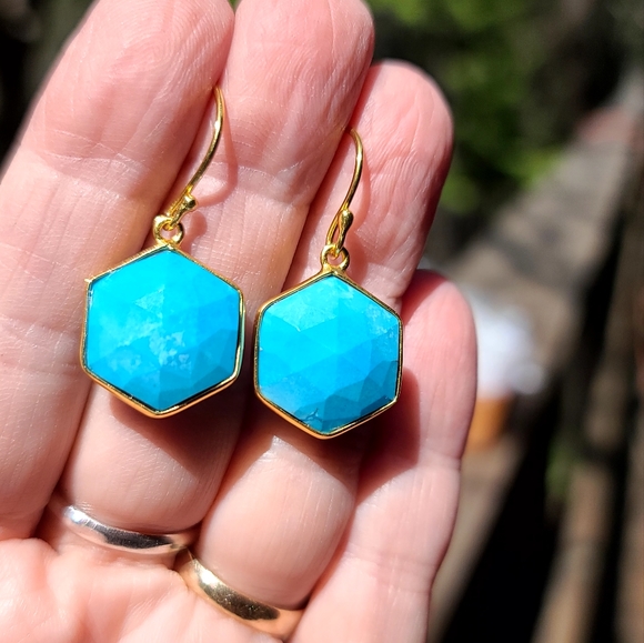 Turquoise faceted sterling & gold dramatic earrings - Picture 5 of 6